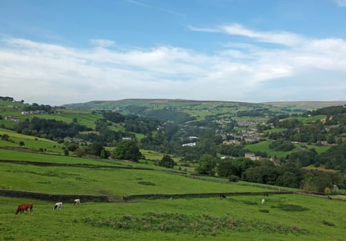 a view of the village of cragg vale in the calder valley surrounded by trees and fields