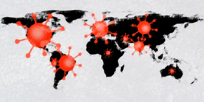 3D-Illustration of a world map showing the corona virus covid-19 hotspots in the United States and Europe.