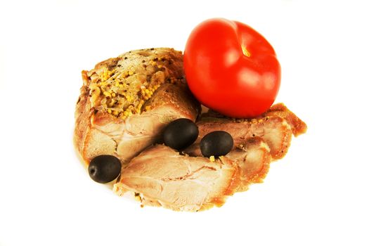 Baked ham with olives and tomatoes