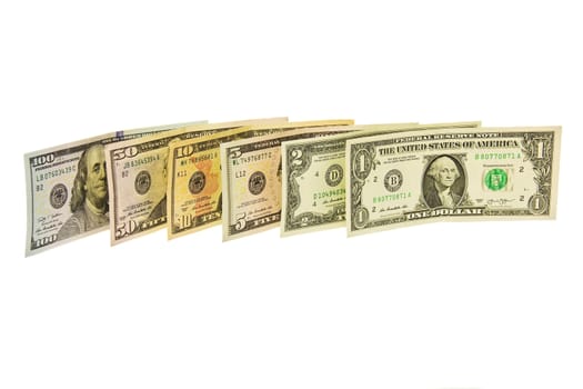 Banknotes, one, two, five, ten, fifty and a hundred dollars

