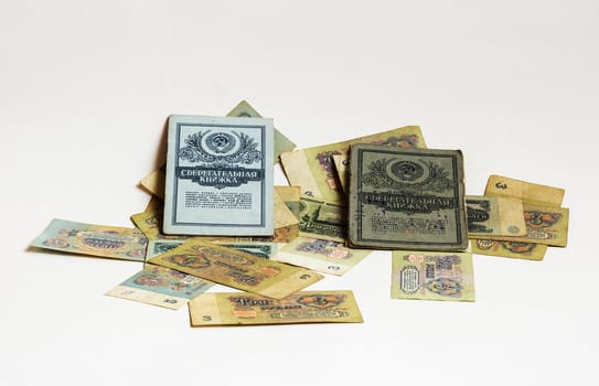 Soviet rubles and two passbooks of the Soviet era

