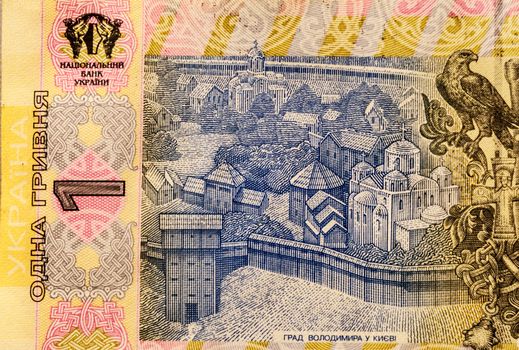 Grad Vladimir in Kiev shown in one hryvnia banknote of the National Bank of Ukraine. The denomination of the sample in 2011 year.