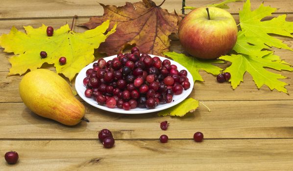 On a wooden surface lie autumn leaves with a pear and an apple, and is white plate with cranberries.