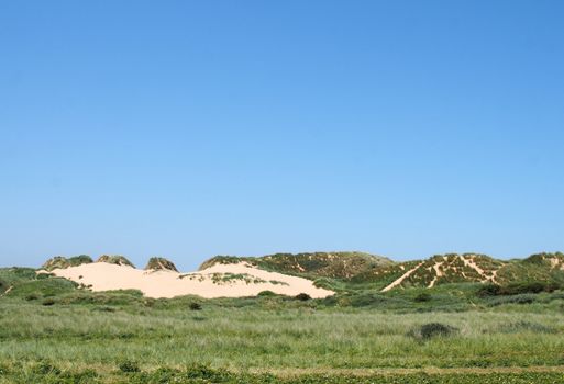 paths through tall grass covered sand dune landscape in front of the sea and bright blue sea in summer sunlight on the sefton coast in merseyside