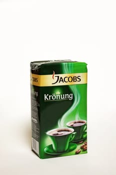 Packing Jacobs coffee on a white background
