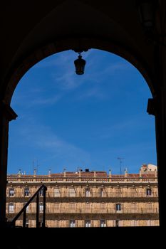 Salamanca, Spain - April, 28, 2019: Plaza Mayor entrance, Salamanca. Salamanca city, Castile and León, Spain.