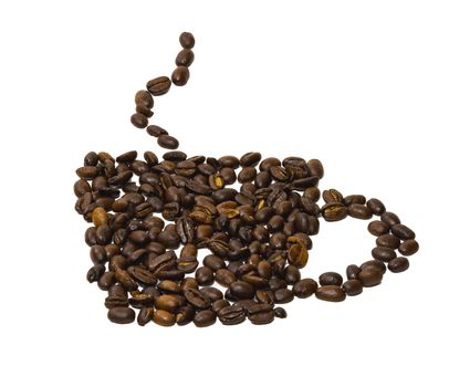 From coffee beans laid out on a white background silhouette of a cup of coffee