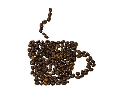 Silhouette of a cup of coffee on a white background made of coffee beans