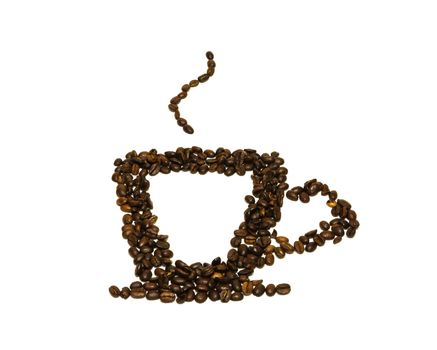 From coffee beans painted silhouette of a cup of hot drink on a white background