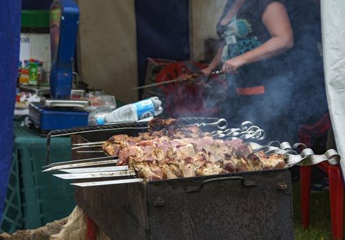 Skewers of fresh meat roasting on the grill over charcoal