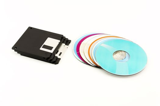 On a white background are 1.44-inch floppy disk to the computer and CD CD / DVD drives