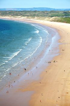 Rhossili Bay, Rhossili, on the Gower Peninsular, West Glamorgan, Wales, UK, which is a popular Welsh coastline travel destination attraction of outstanding beauty and a World Heritage Site stock photo