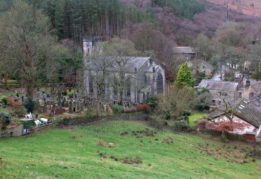 a view of cragg vale in west yorkshire showing the church of St John the Baptist in the Wilderness