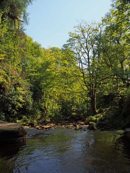 a view of the river and valley at lumb hole in woodland at crimsworth dean near pecket well in calderdale west yorkshire