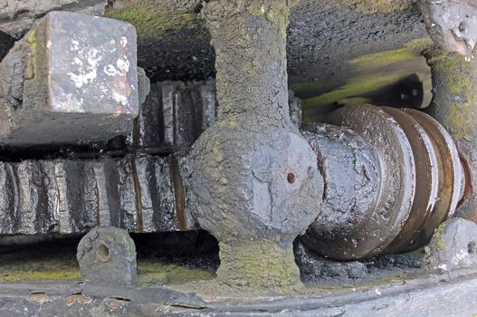 a close up of ancient greasy machinery with oily dirty gears and green moss growing on the metal