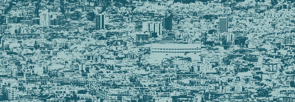 blue duotone colorized panoramic aerial cityscape view of barcelona showing the dense crowded modern urban environment