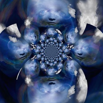 Ghosts faces. Mirrored fractal. 3D rendering