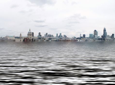 manipulated conceptual image of the city of london with buildings flooded due to global warming and rising sea levels and gulls