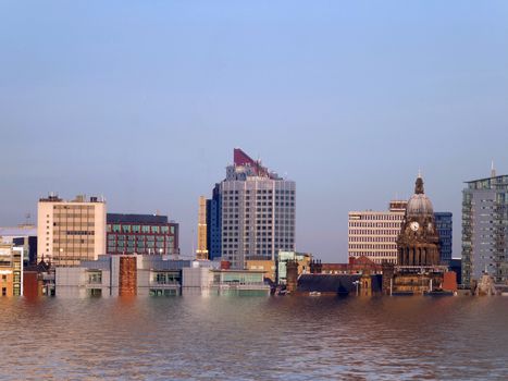 A conceptual cityscape view of leeds showing the buildings and city hall after flooding due to global warming