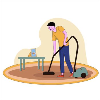 A illustration of father vacuuming the carpet in the house in cartoon style with line.