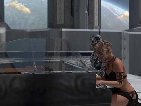 Close up of a robot and a woman playing piano with a big planet background - 3d rendering