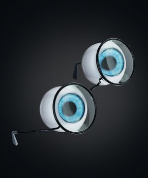 The blue eyeball of the human eye and black round glasses floating in a dark background. The concept of people is eye problems or nearsightedness in a surreal style. 3D illustration rendering.