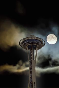 Space Needle at Night with Full Moon