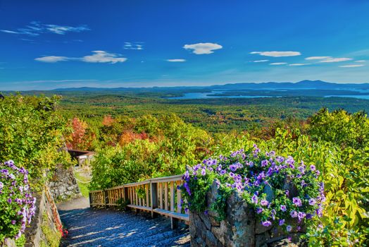 Trail in the foliage countryside, aerial view of New England landscape.