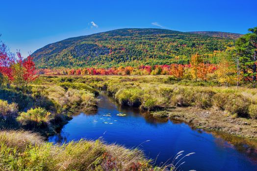 Amazing foliage reflections on a lake. Autumn in New England, USA.