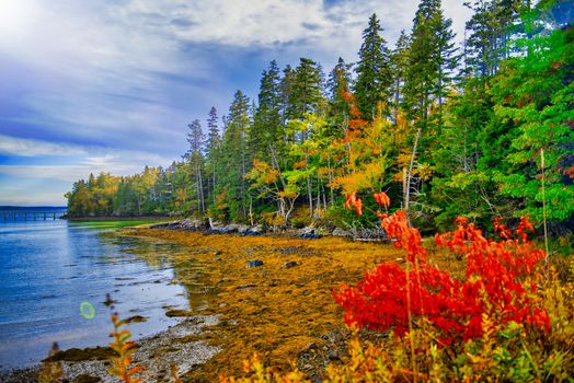 Amazing foliage reflections on a lake. Autumn in New England, USA.