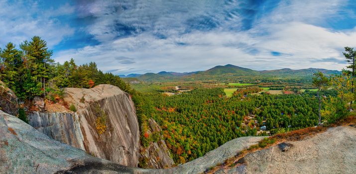 Panoramic aerial view of beautiful Maine foliage landscape from Cathedral Ledge lookout
