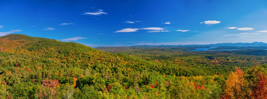 Panoramic aerial view of beautiful New Hampshire foliage mountains.