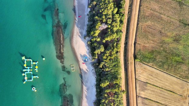 Overhead aerial view of coastline, ocean and beach, panoramic view