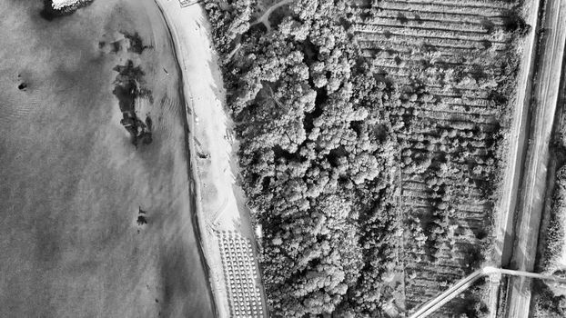 Overhead aerial view of coastline, ocean and beach, panoramic view