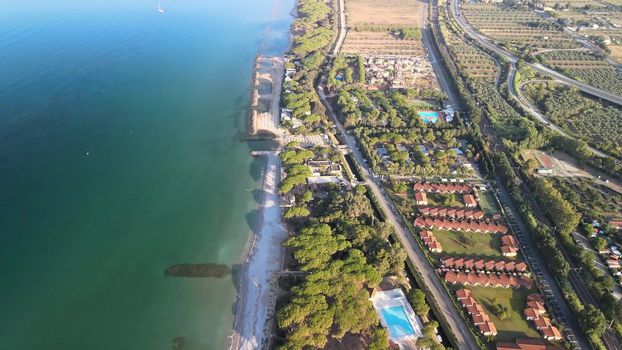 Amazing aerial view of Tuscany coastline in summer season, Italy.