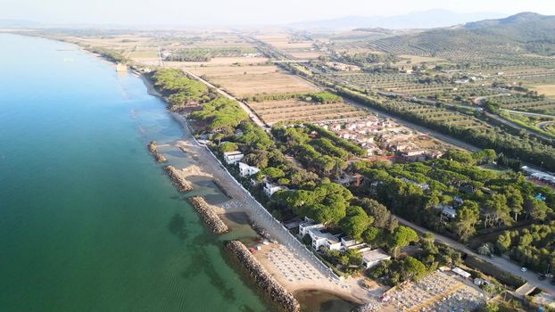 Amazing aerial view of Tuscany coastline in summer season, Italy.