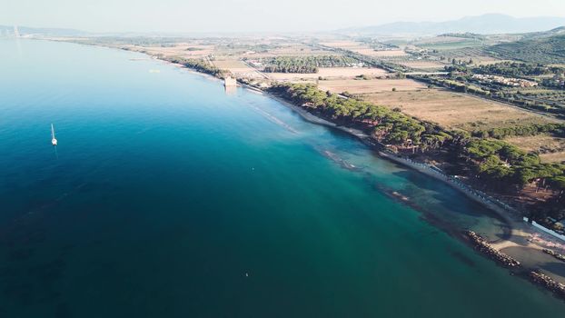 Amazing aerial view of Tuscany coastline in summer season, Italy.