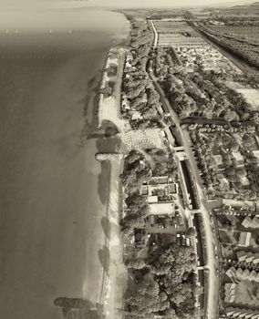 Overhead aerial view of coastline, ocean and beach, panoramic view