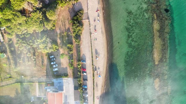 Overhead aerial view of coastline, ocean and beach, panoramic view