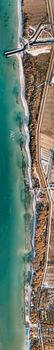 Overhead aerial view of coastline, ocean and beach, panoramic view