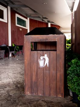 Vintage Wood trash bin design to prevent be wet from rain