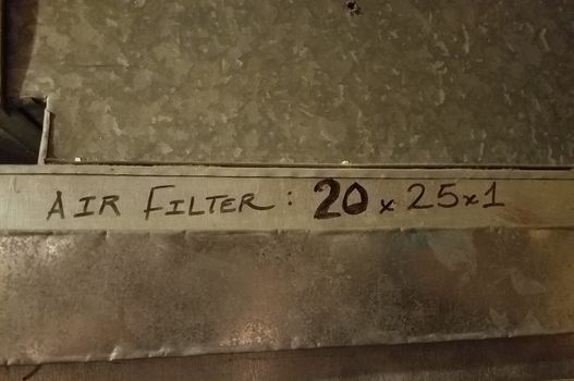 air filter 20 by 25 by 1 written on metal on side of furnace