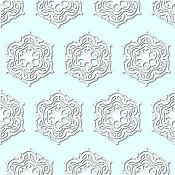 White snowflakes on pale blue background, damask ornament seamless pattern. Paper cut style with drop shadows and highlights.