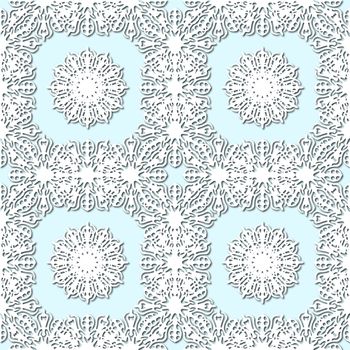 White snowflakes on pale blue background, damask ornament seamless pattern. Paper cut style with drop shadows and highlights.