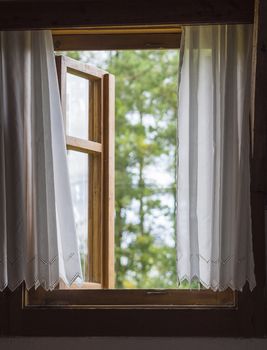 old rustic wooden window with white curtains with view on defocused green trees