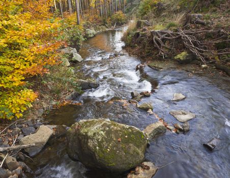 Long exposure magic forest stream creek in autumn with stones moss orange trees and fallen leaves and trees in luzicke hory mountain in czech republic