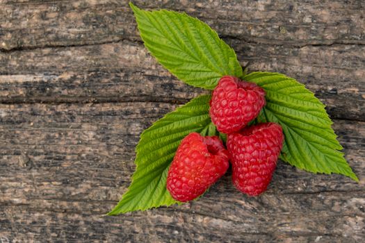 Ripe aromatic raspberries on a wooden background. Top view.