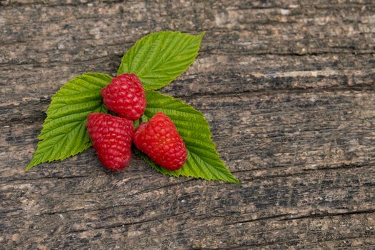Ripe aromatic raspberries on a wooden background with copyspace.