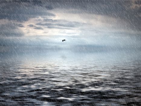 heavy rain falling on a dark sea with dramatic storm clouds reflected on the water and a single flying seagull