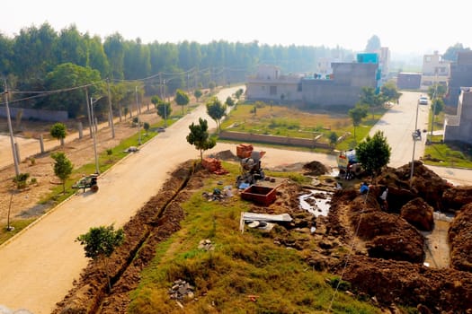 jaipur, Rajasthan, India,- june 2020 : Drone view of a towns in jaipur